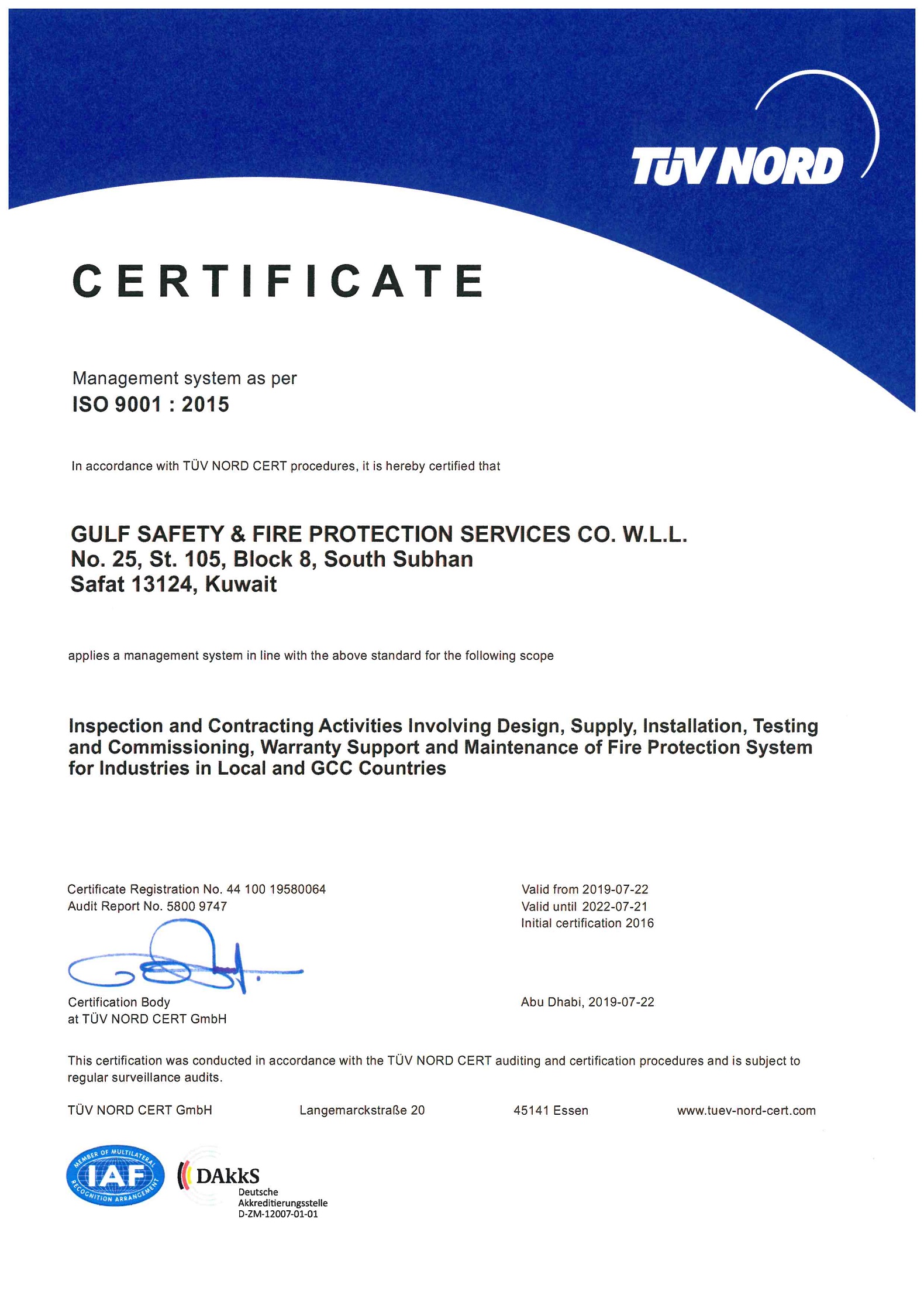 ISO 9001:2015 certificate issued to Gulf Safety & Fire Protection Services Co. W.L.L. by TUV NORD CERT