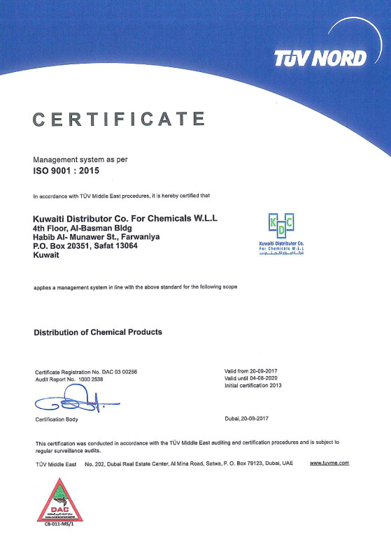 KDC ISO 9001:2015 certificate issued by T&Uuml;V NORD for the distribution of chemical products