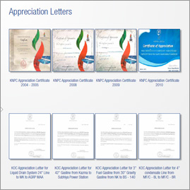 Appreciation letters board: four KNPC appreciation certificates dated 2004&ndash;2005, 2008, 2009 and 2010, and four KOC appreciation letters for pipeline works