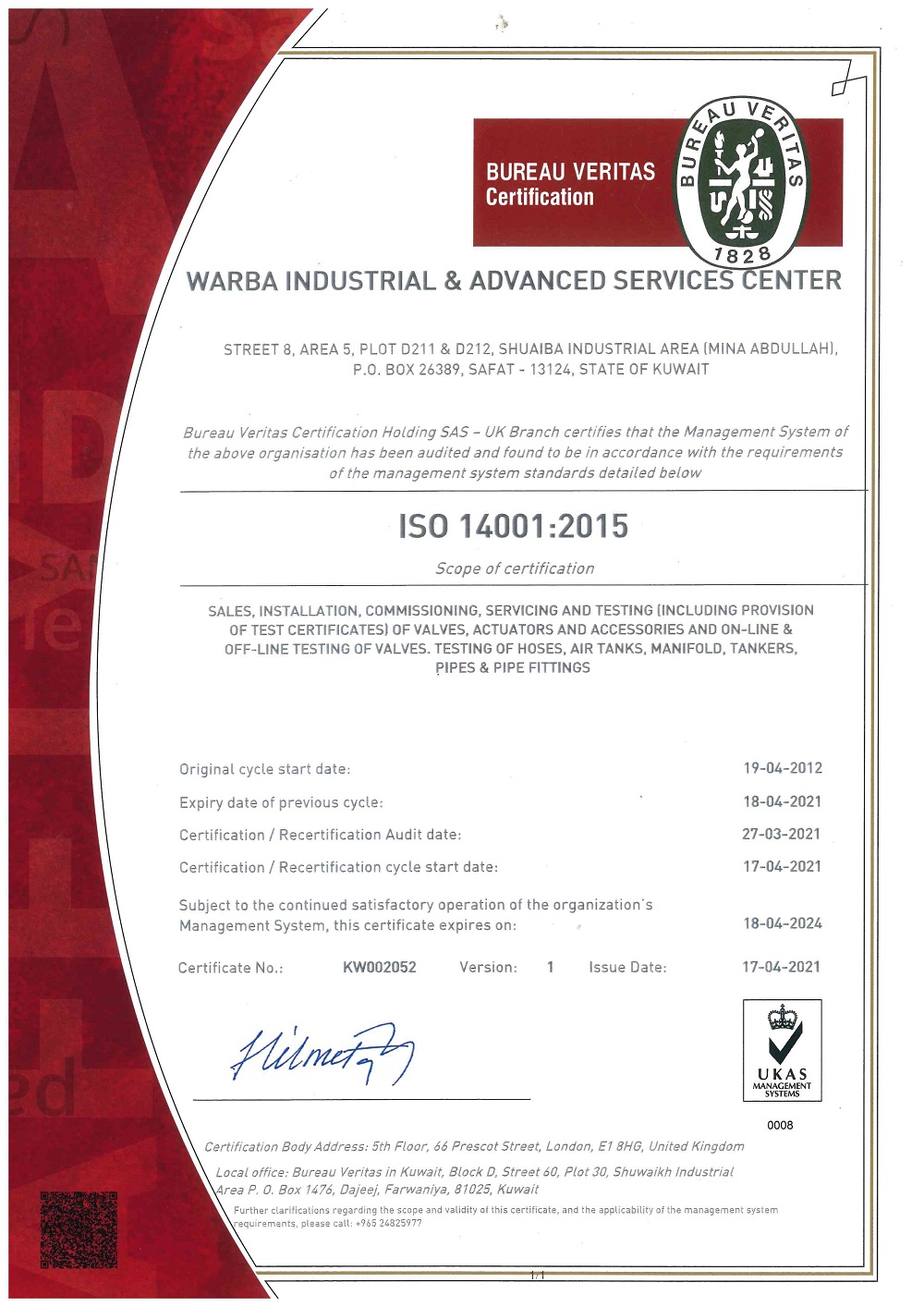 Bureau Veritas ISO 14001:2015 certificate issued to Warba Industrial & Advanced Services Center, expiring 18 April 2024