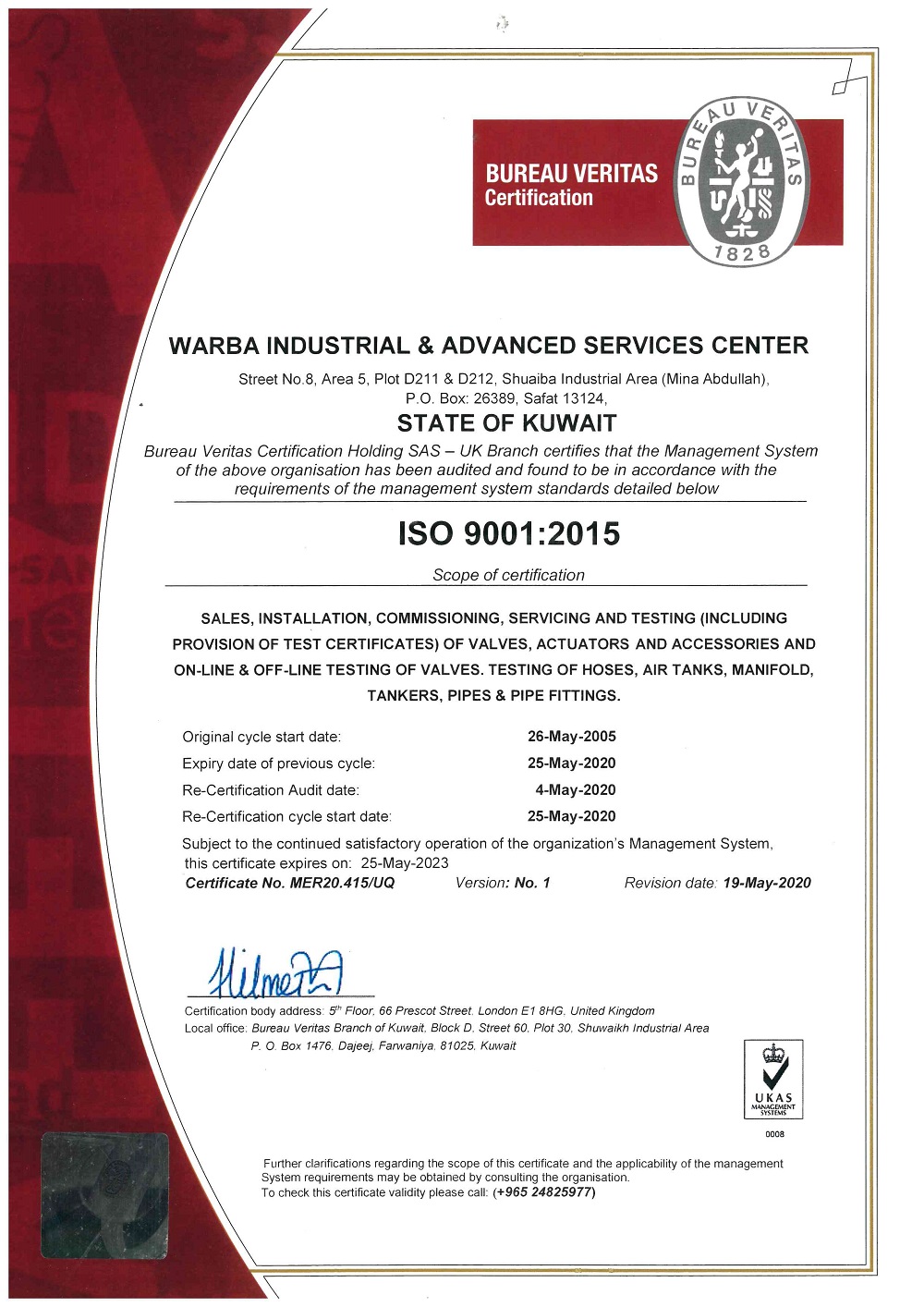 Bureau Veritas ISO 9001:2015 certificate issued to Warba Industrial & Advanced Services Center, expiring 25 May 2023