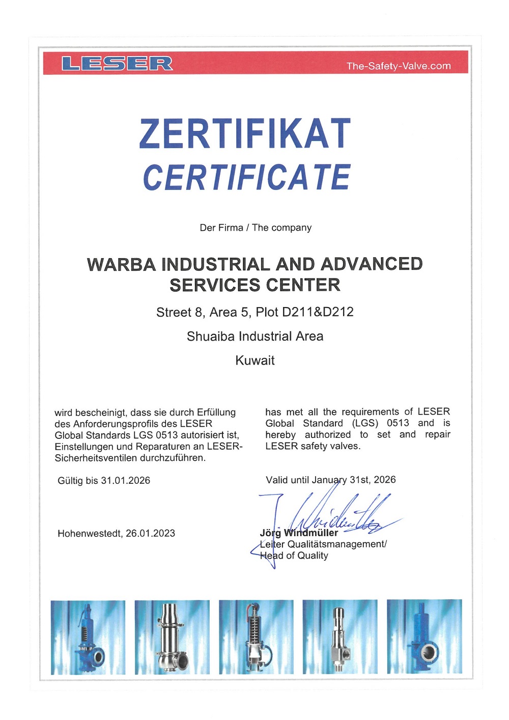 LESER certificate authorising Warba Industrial and Advanced Services Center to set and repair LESER safety valves, valid until 31 January 2026