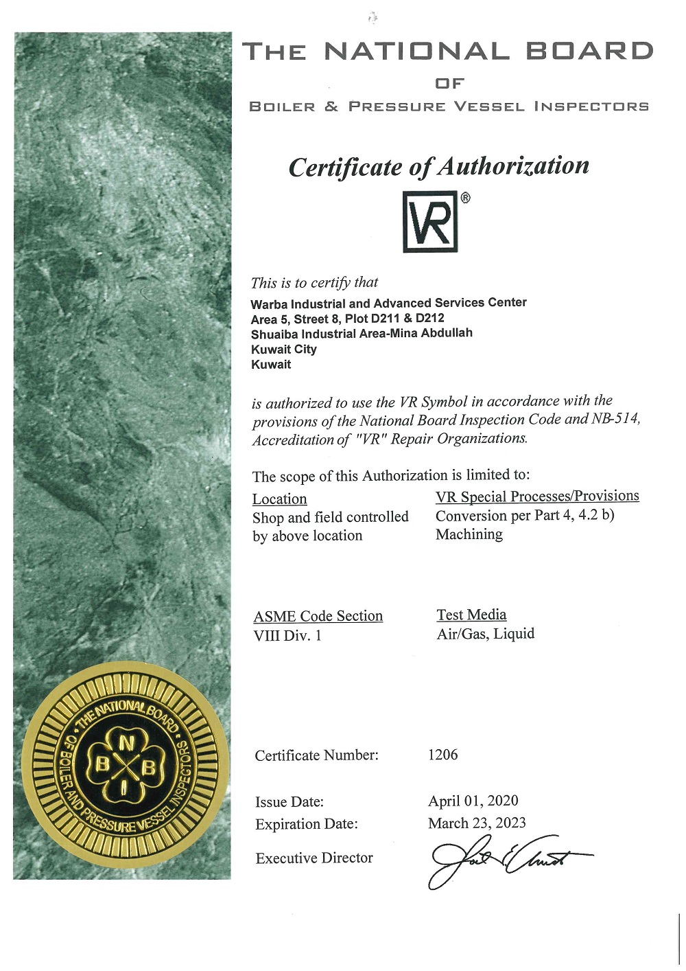 National Board of Boiler and Pressure Vessel Inspectors Certificate of Authorization No. 1206 for the VR Repair symbol, expiring 23 March 2023