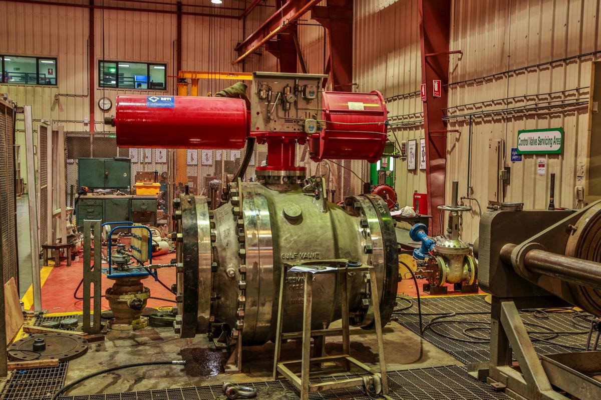 A large ball valve with twin red actuators mounted on a stand in the control valve servicing area