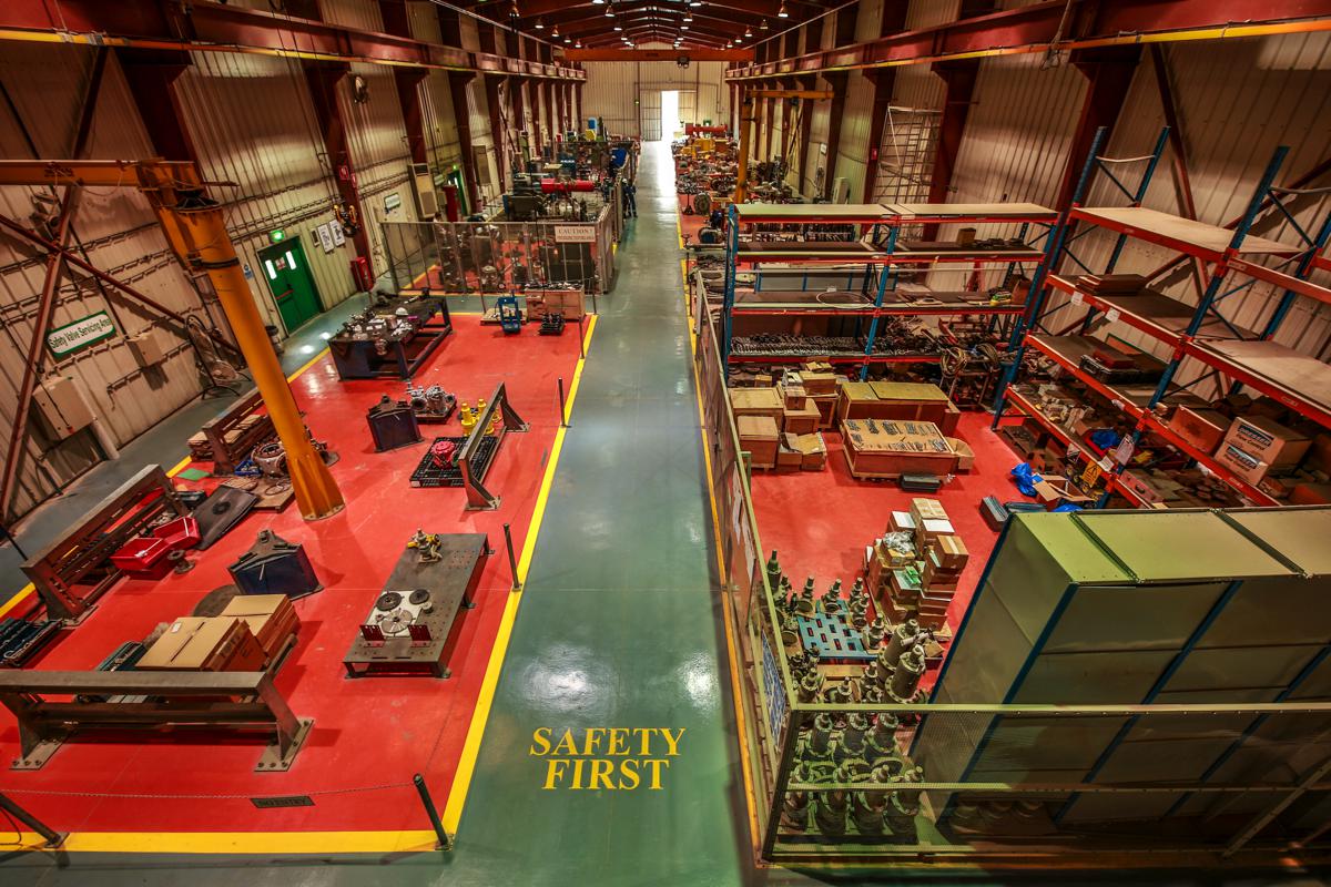 The workshop from above, looking down the central walkway