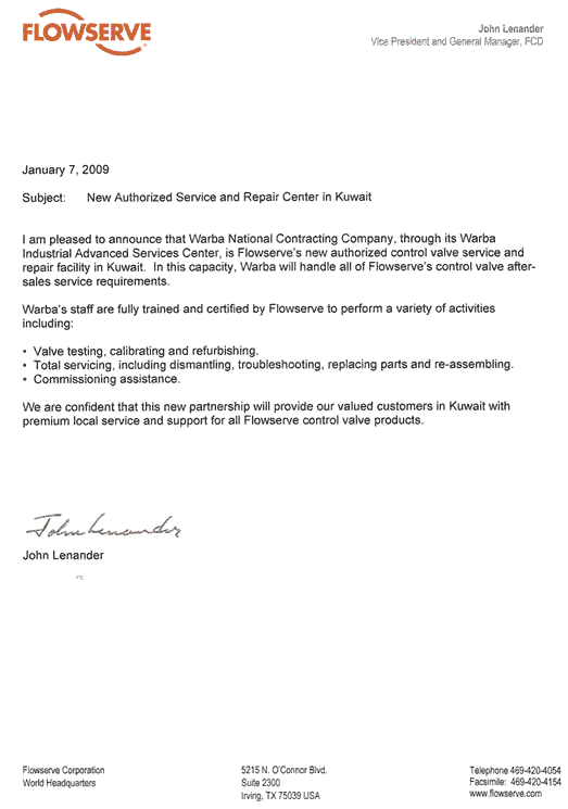 Flowserve letter of 7 January 2009 announcing Warba Industrial Advanced Services Center as its authorised control valve service and repair facility in Kuwait