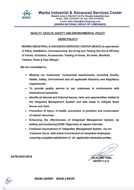 The WIASC Quality, Health, Safety and Environmental (QHSE) Policy, dated 4 January 2018 and signed by the Group C.O.O.