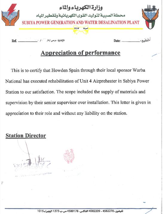 Appreciation of performance — Ministry of Electricity & Water, Kuwait